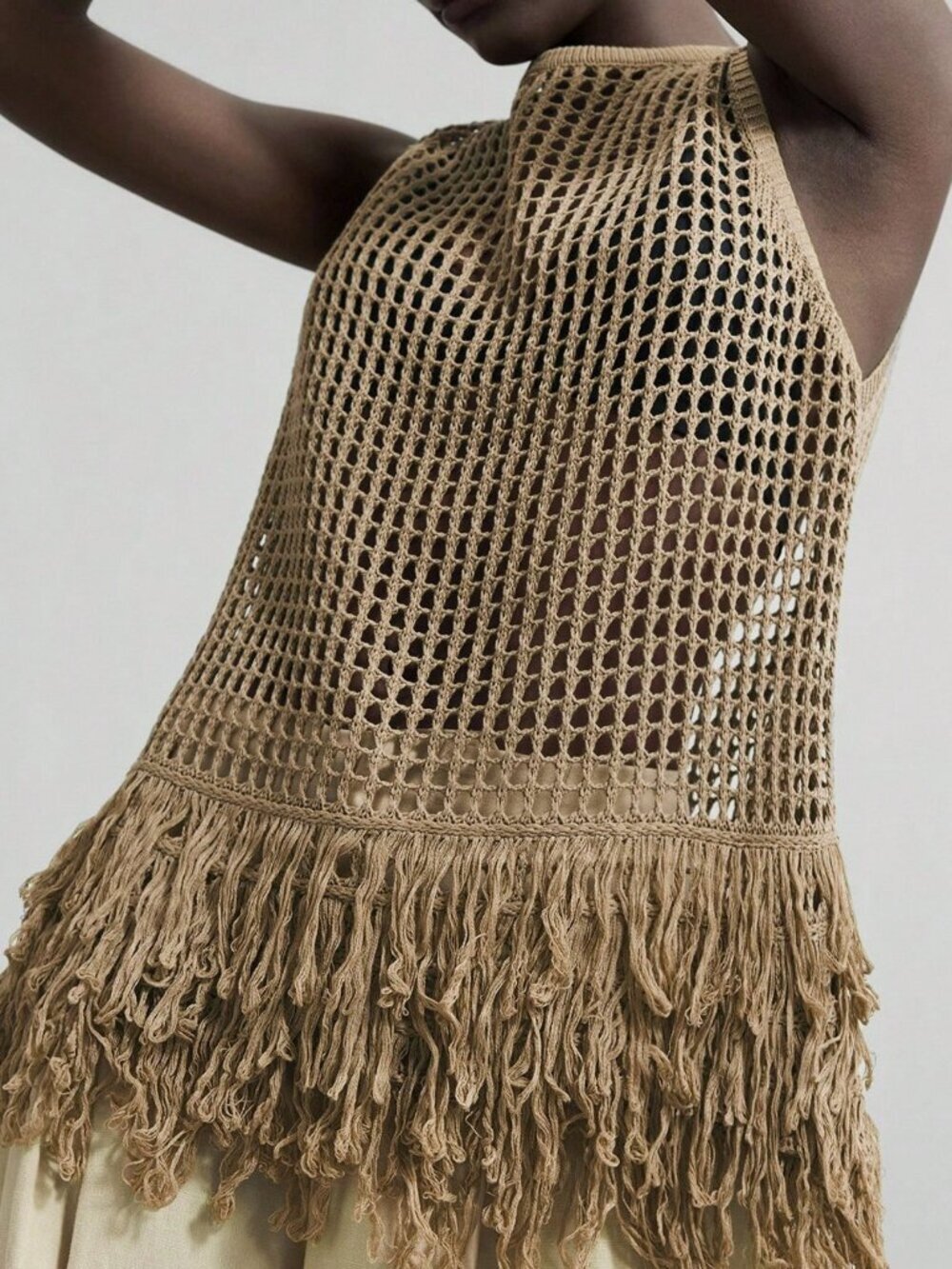 Khaki Casual Women's Sleeveless Knit Tank Top with Tassel Hem, Hollow-Out Detail